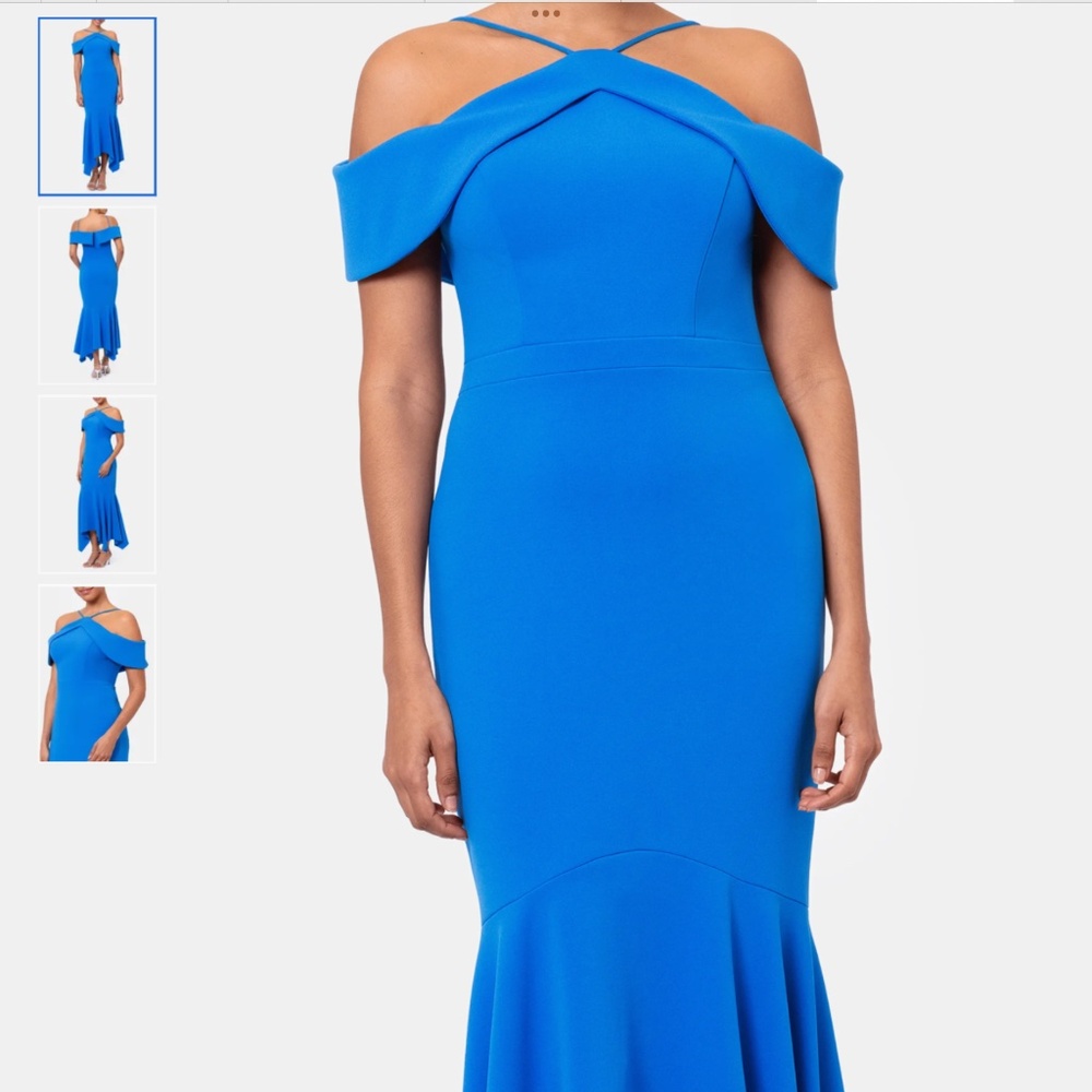 Xscape Evenings Cold Shoulder Handkerchief Hem Scuba Crepe Gown, size 8